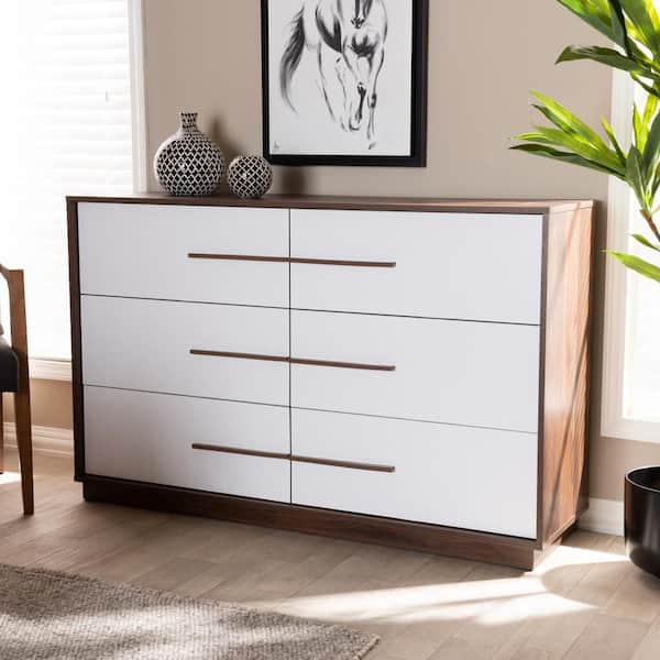 Baxton Studio Mette 6 Drawer White and Walnut Dresser 157 9696 HD