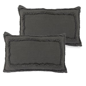 Rory Dark Gray Solid Color Bordered 16 in. x 24 in. Throw Pillow Set of 2