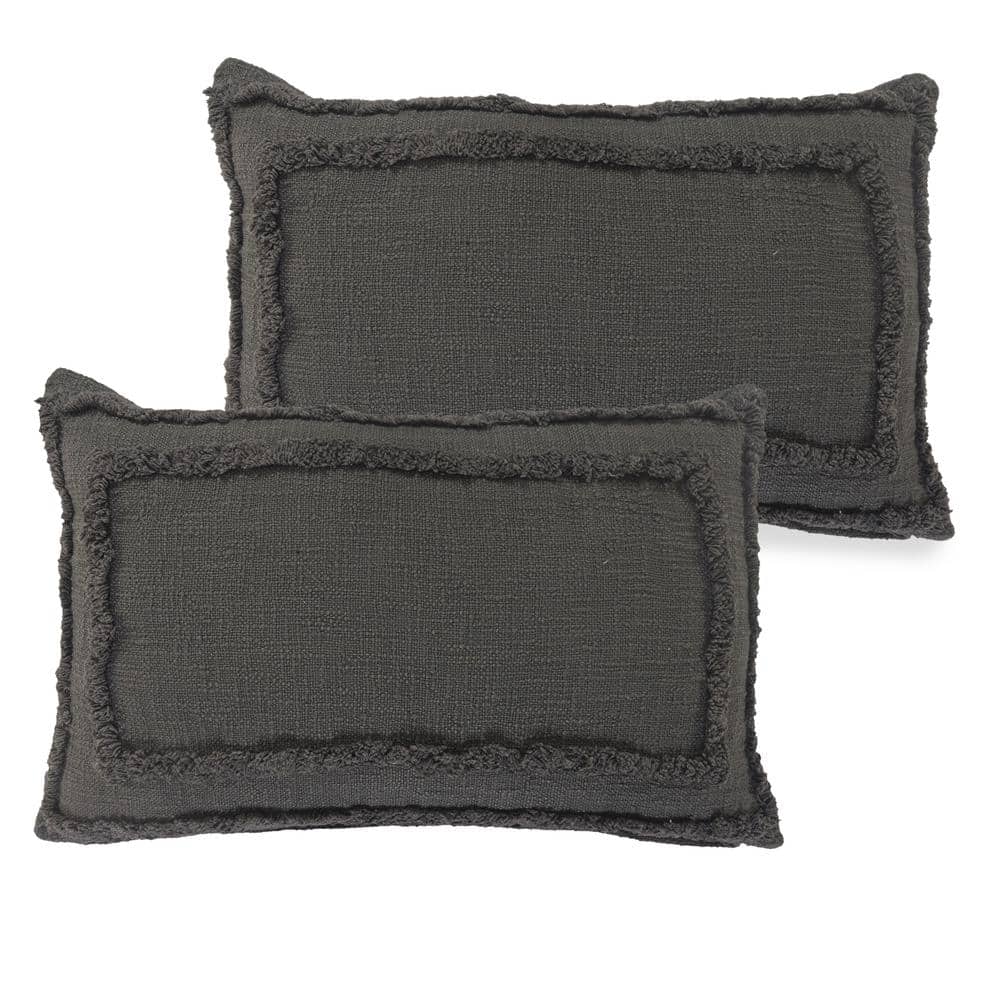 Rory Dark Gray Solid Color Bordered 16 in. x 24 in. Indoor Throw Pillow Set