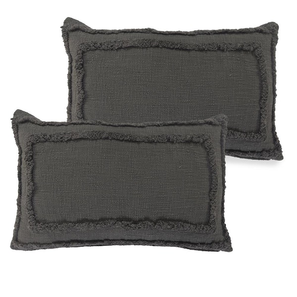 Unbranded Rory Dark Gray Solid Color Bordered 16 in. x 24 in. Indoor Throw Pillow Set of 2
