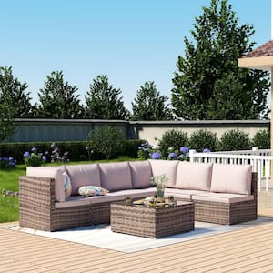 7-Piece Wicker Outdoor Sectional Set with Brown Cushions and Coffee Table