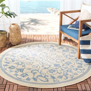 Courtyard Natural/Blue 7 ft. x 7 ft. Round Border Indoor/Outdoor Patio  Area Rug