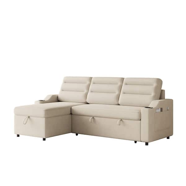 Modern 83.5 in. Beige Fabric Twin Size Sofa Bed with Storage and Cup Holder