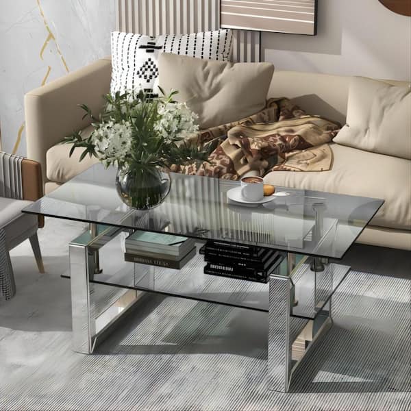 Clihome 39 in. Transparent Rectangle Tempered Glass Coffee Table