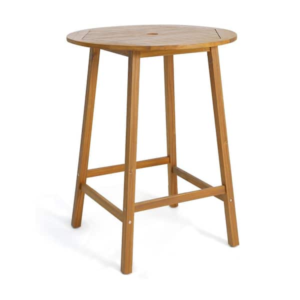 Gtnali Outdoor Bar Height Side Table With Umbrella Hole and Slatted Tabletop