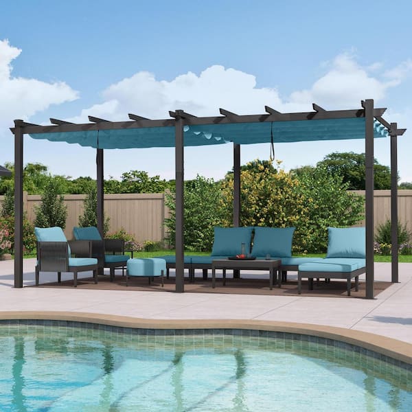 PURPLE LEAF 12 ft. x 18 ft. Gray Aluminum Frame Outdoor Patio Pergola Gazebo with Blue Retractable Sun Shade Canopy for Porch