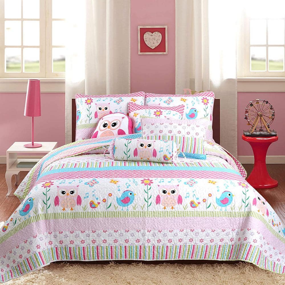 Pink and White Owl Patchwork Twin Microfiber Quilt Set