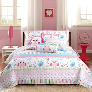 Spring Time Fun Owl Bird Floral Dot 6-Piece Multi-Color Stripe Polyester Twin Quilt Bedding Set and Throw Pillows