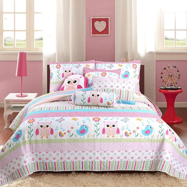 Cozy Line Home Fashions Spring Time Fun Owl Bird Floral Dot 6-Piece Multi-Color Stripe Polyester Twin Quilt Bedding Set and Throw Pillows