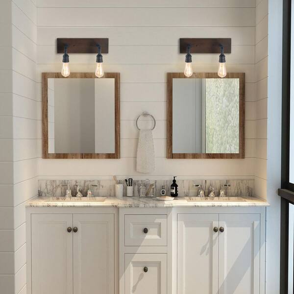 Lnc Black Bathroom Vanity Light 2 Rustic Bronze Metal Wall Lamp Modern Industrial Water Pipe Sconce With Wood Accents A03375 The Home Depot Lnc Black Bathroom Vanity Light 2, Beach Cottage Bathroom Vanity Lights