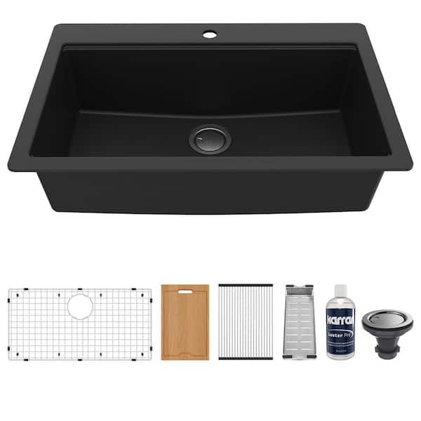 QTWS-875 Quartz 33 in. Single Bowl Drop-In Workstation Kitchen Sink in Black