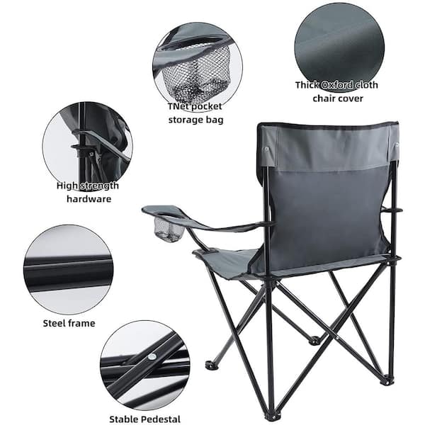 2- Piece Padded Folding Outdoor Lawn Chair w/ Storage Pockets in Gray for Indoor, Outdoor Camping, Picnics and Fishing