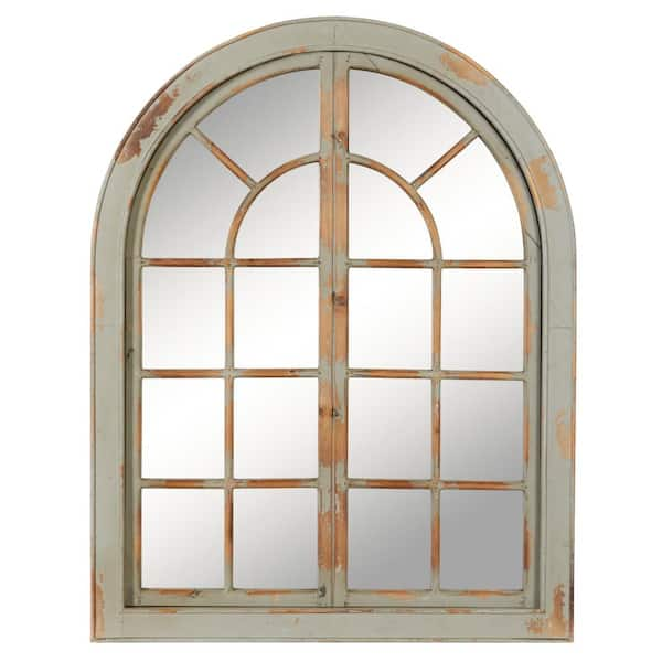 48 in. x 37 in. Window Pane Inspired Arched Framed Gray Wall Mirror with Arched Top and Distressing