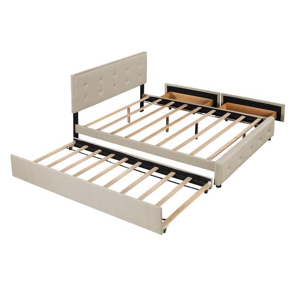 Dark Beige Wood Frame Queen Upholstered Platform Bed with 2-Drawers and 1-Twin XL Trundle