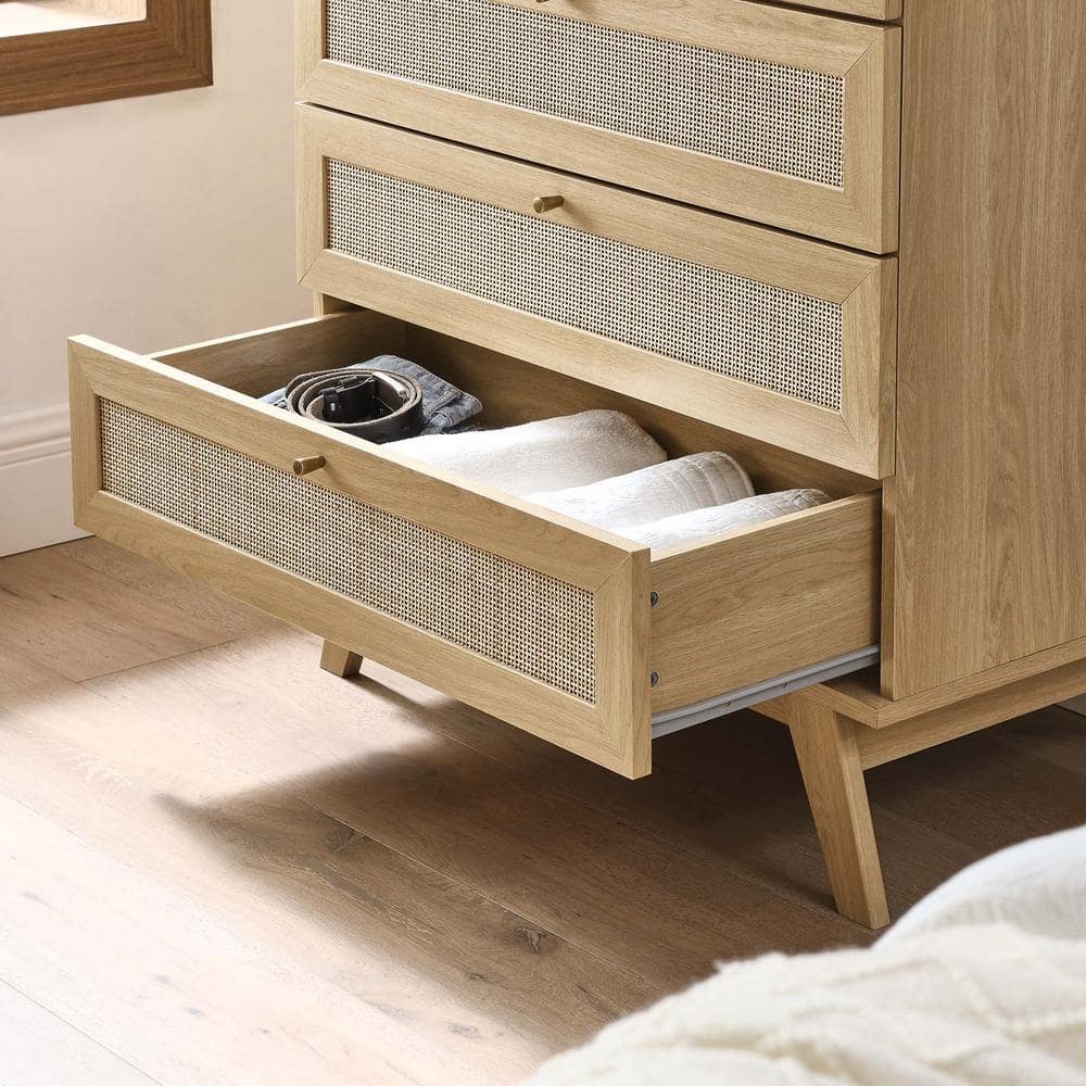 Soma Oak 5-Drawer Chest with Rattan Weave and Splayed Legs