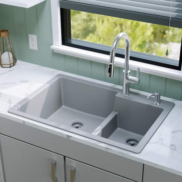 Karran QT-811 Quartz/Granite 33 in. 60/40 Double Bowl Drop-In Kitchen Sink in Grey