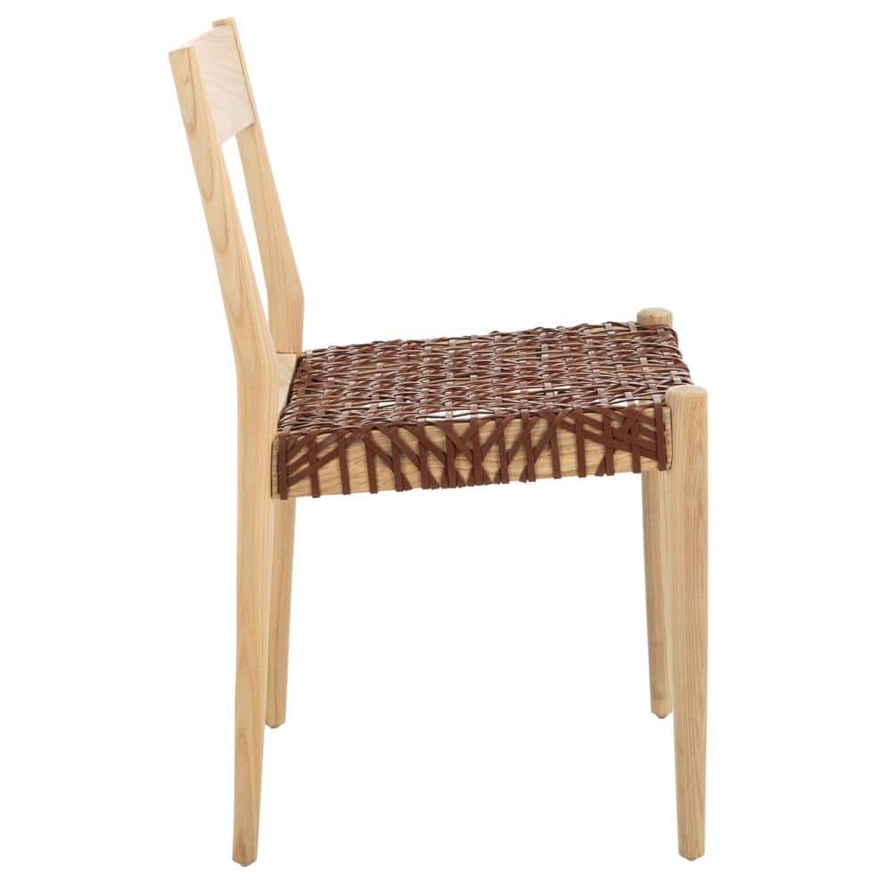 Chic Cognac Woven Leather & Natural Wood Dining Chair Set
