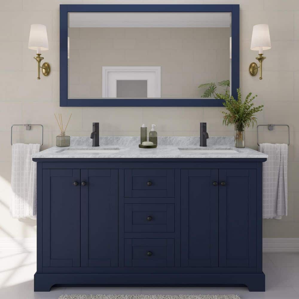 Avery 60 in. W x 22 in. D x 35 in. H Double Bath Vanity in Dark Blue with White Carrara Marble Top price history on PriceWatchPro