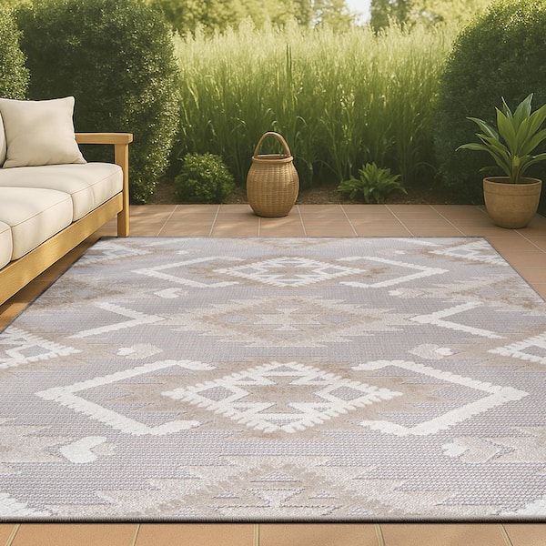 Sumak High-Low Pile Neutral Diamond Kilim Beige/Gray 5 ft. x 8 ft. Indoor/Outdoor Area Rug