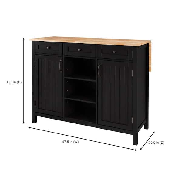 Bainport Black Wooden Kitchen Island with Natural Butcher Block Top and Storage (48" W)