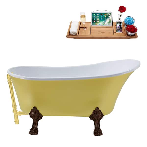 Streamline 55 in. Acrylic Clawfoot Non-Whirlpool Bathtub in Matte Yellow With Matte Oil Rubbed Bronze Clawfeet,Brushed Gold Drain