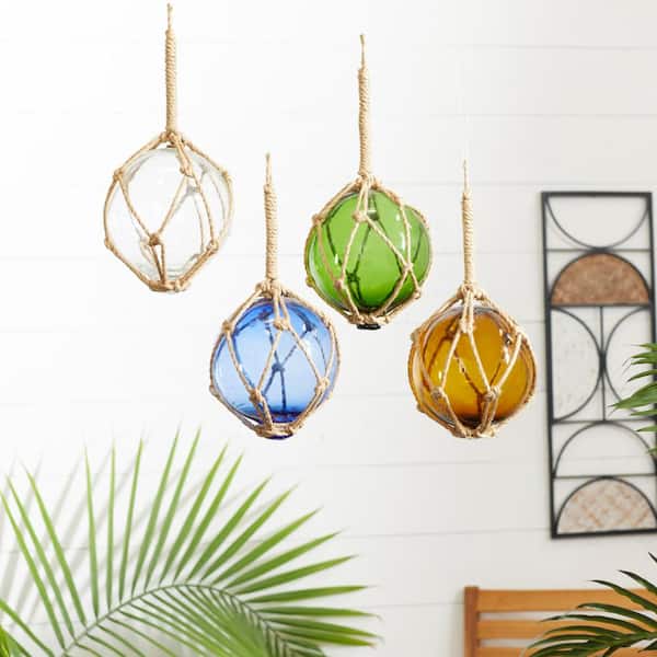 Litton Lane Multi Colored Glass Buoy Sculpture with Rope Accents (Set of 4)