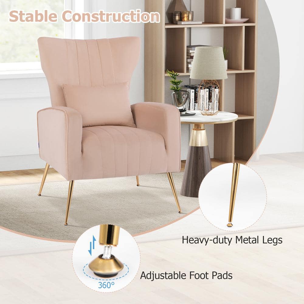Pink Velvet Wingback Accent Chair with Gold Metal Legs