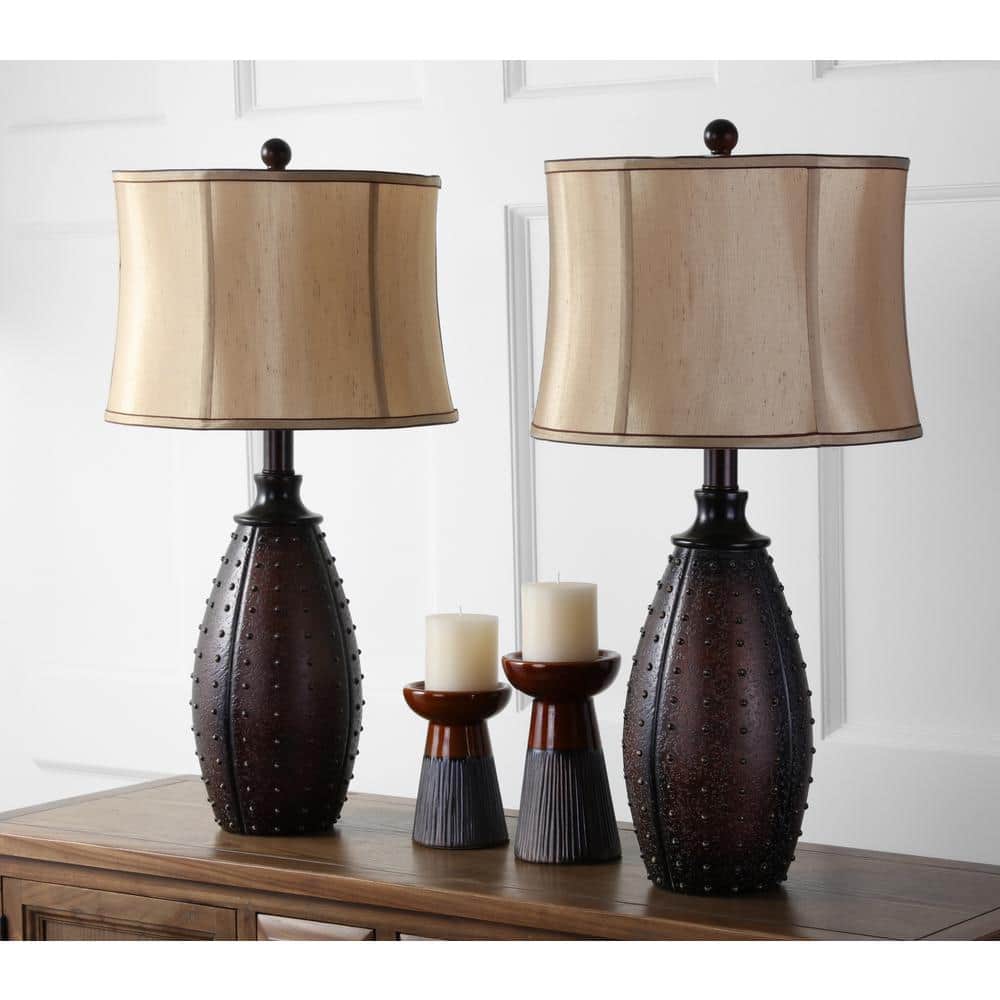 Santa Fe Rustic Brown Studded Faux Leather Table Lamp Set with Beige Shades