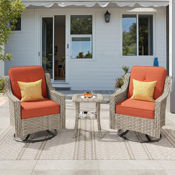 Lumina 3-Piece Wicker Outdoor Rocking Chair Set with Orange Red Cushions
