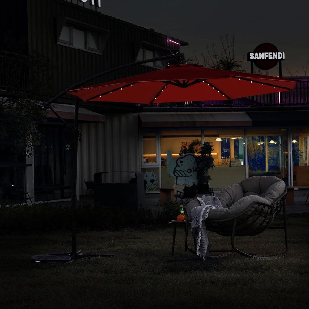 10 ft Orange Cantilever Patio Umbrella with Solar LED Lights and Steel Pole