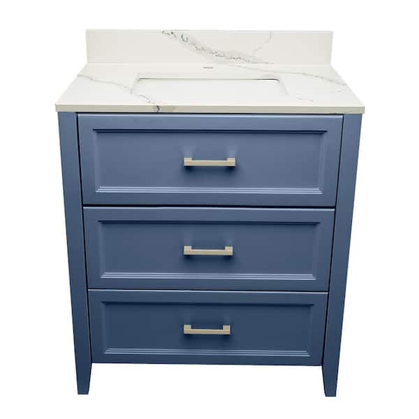 Ella Zermatt 31 in. W x 22 in. D x 36 in. H Single Sink Bath Vanity in Navy Blue with Calacatta white Quartz Top Single Hole