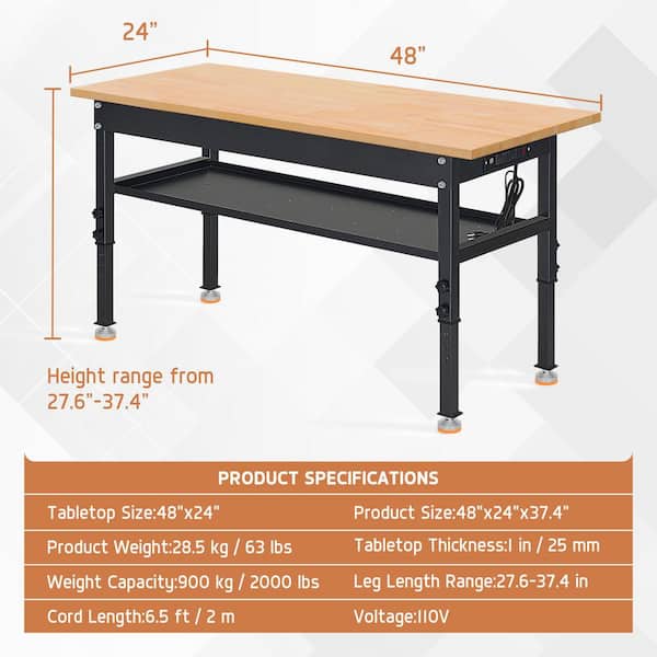 AirWire 48 in. W x 24 in. D Heavy-Duty Work Bench Adjustable Work