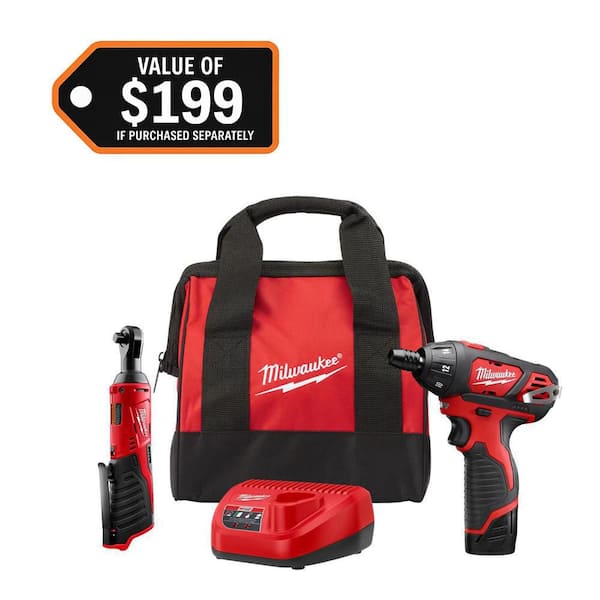 M12 12V Lithium-Ion Cordless 3/8 in. Ratchet and Screwdriver Combo Kit (2-Tool) with Battery, Charger, Tool Bag