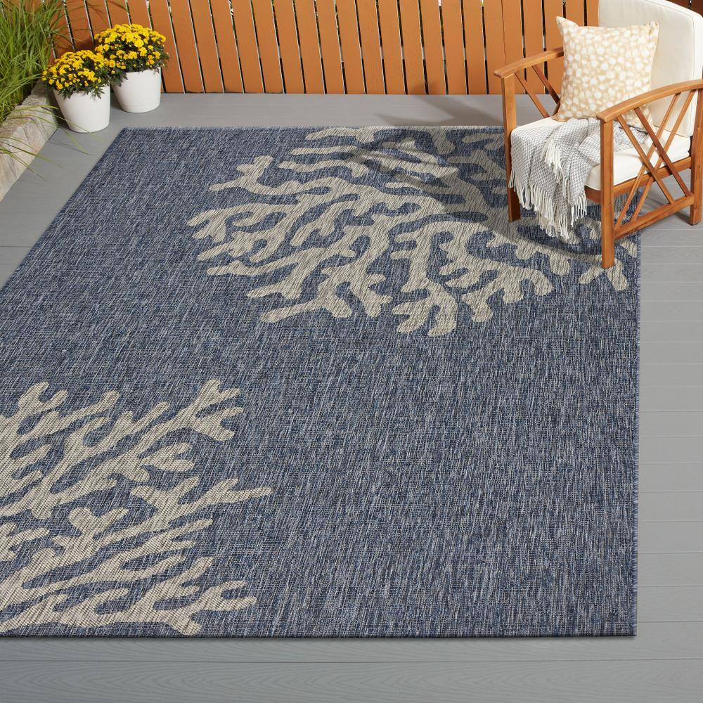 Navy and Gray Coastal Coral Pattern Synthetic Outdoor Rug, 8' x 10'