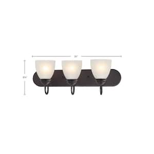 Mari 3-Light Indoor Antique Bronze Bath or Vanity Light Bar or Wall Mount with White Frosted Glass Bell Shades