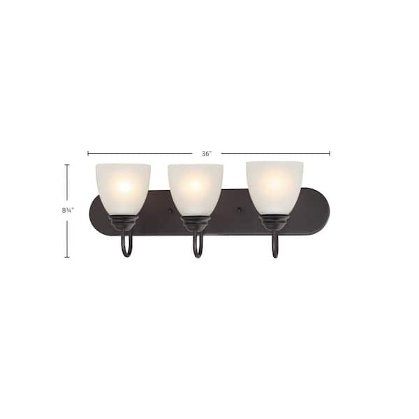 Mari 3-Light Indoor Antique Bronze Bath or Vanity Light Bar or Wall Mount with White Frosted Glass Bell Shades