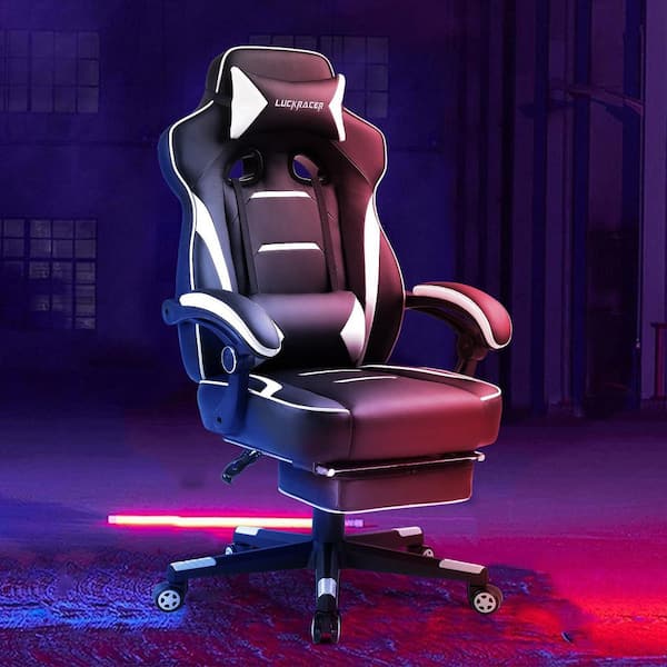 Faux Leather Gaming Chair with Footrest Racing Style Computer Chair with Adjustable Reclining Backrest,White