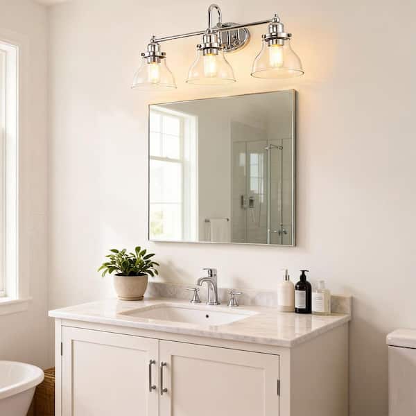 24 in. 3-Light Chrome Bathroom Vanity Light, Clear Glass Bath Wall Mount Lighting for Modern Bathroom
