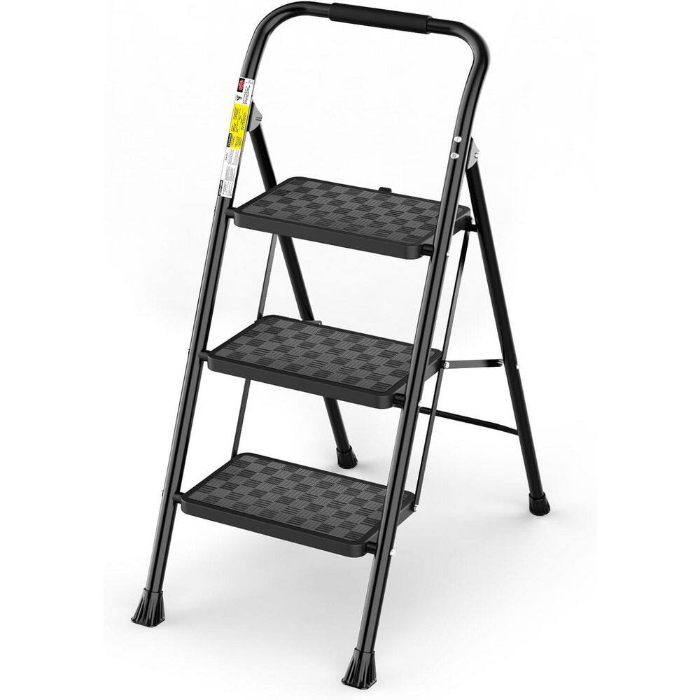 QRInnovations Folding 2-Step Ladder - 330 Lbs Capacity, Black, Soft-Grip Handles (Open Box)