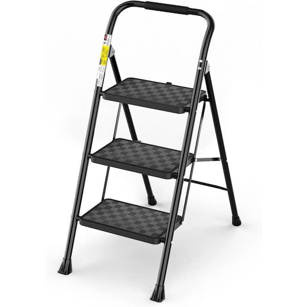 3 Step Ladder, , 3 Step Ladder Folding Step Stool with Cushioned Handle , Black,Reach,55.3ft,Steel