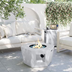 28 in. 50,000 BTU Porcelain White Hexagon Concrete Outdoor Propane Gas Fire Pit Table with Propane Tank Cover