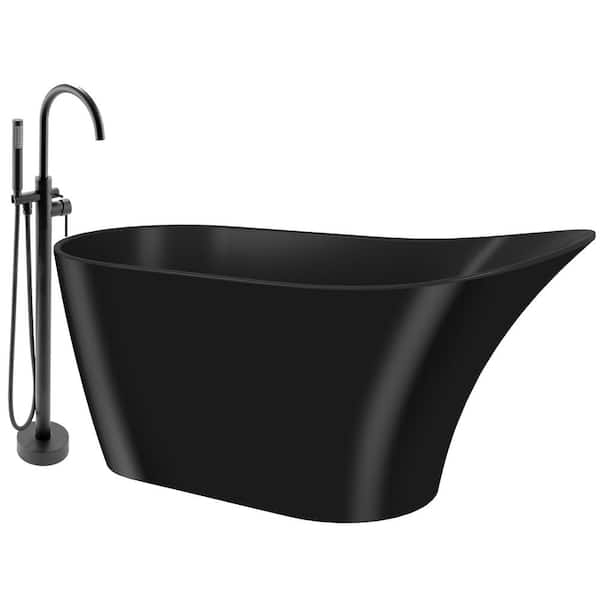 AKDY 63 in. Fiberglass Flatbottom Freestanding Bathtub with Tub Filler Combo in Solid Matte Black Inside and Outside