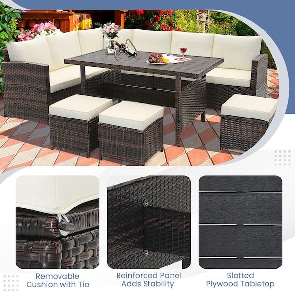 7PCS Wicker Patio Conversation Furniture Set Outdoor Sectional Set with White Cushions