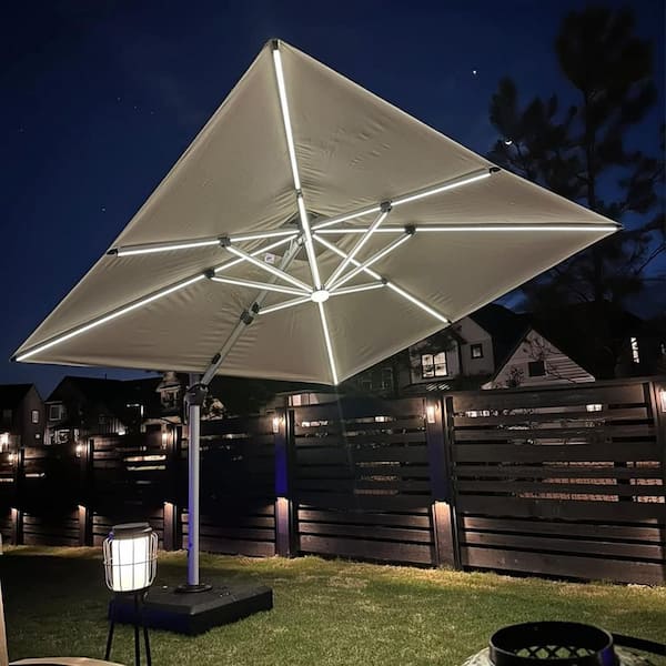 PURPLE LEAF 9 ft. Square Aluminum Solar Powered LED Patio Cantilever Offset Umbrella with Stand, Beige