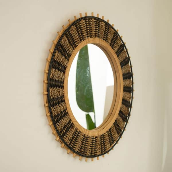 Avex Brown 23.23 in. W x 23.23 in. H Art Deco Round Bamboo Framed Mirror