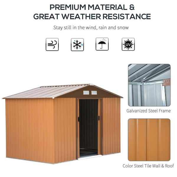 Outsunny 9' x 4' Corrugated Garden Metal Storage Shed Outdoor Equipment Tool  Box with Foundation Ventilation & Doors Light Green