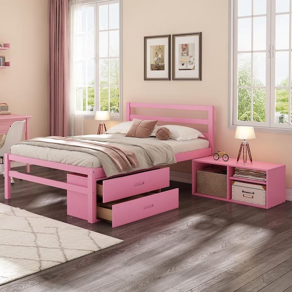 Harper & Bright Designs Multifunction Pink Wood Frame Full Size Platform Bed with Removable Drawers and Shelves