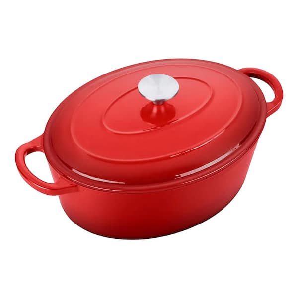 7 qt. Oval Enameled Cast Iron Dutch Oven in Red with Lid, Dual Handles, Nonstick, Healthy, Easy Clean, 1-Pack