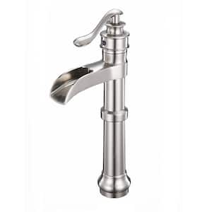 Single Handle Vessel Sink Faucet, Waterfall Single Hole Tall Bathroom Faucet in Brushed Nickel