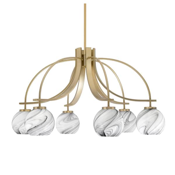Unbranded Olympia 16.75 in. 6-Light New Age Brass Downlight Chandelier Onyx Swirl Glass Shade